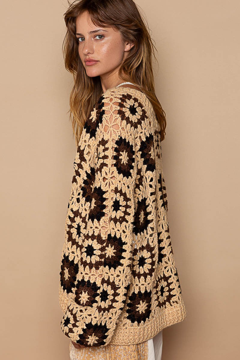 POL Hand Knit Granny Square Patch Cardigan Sweater Top