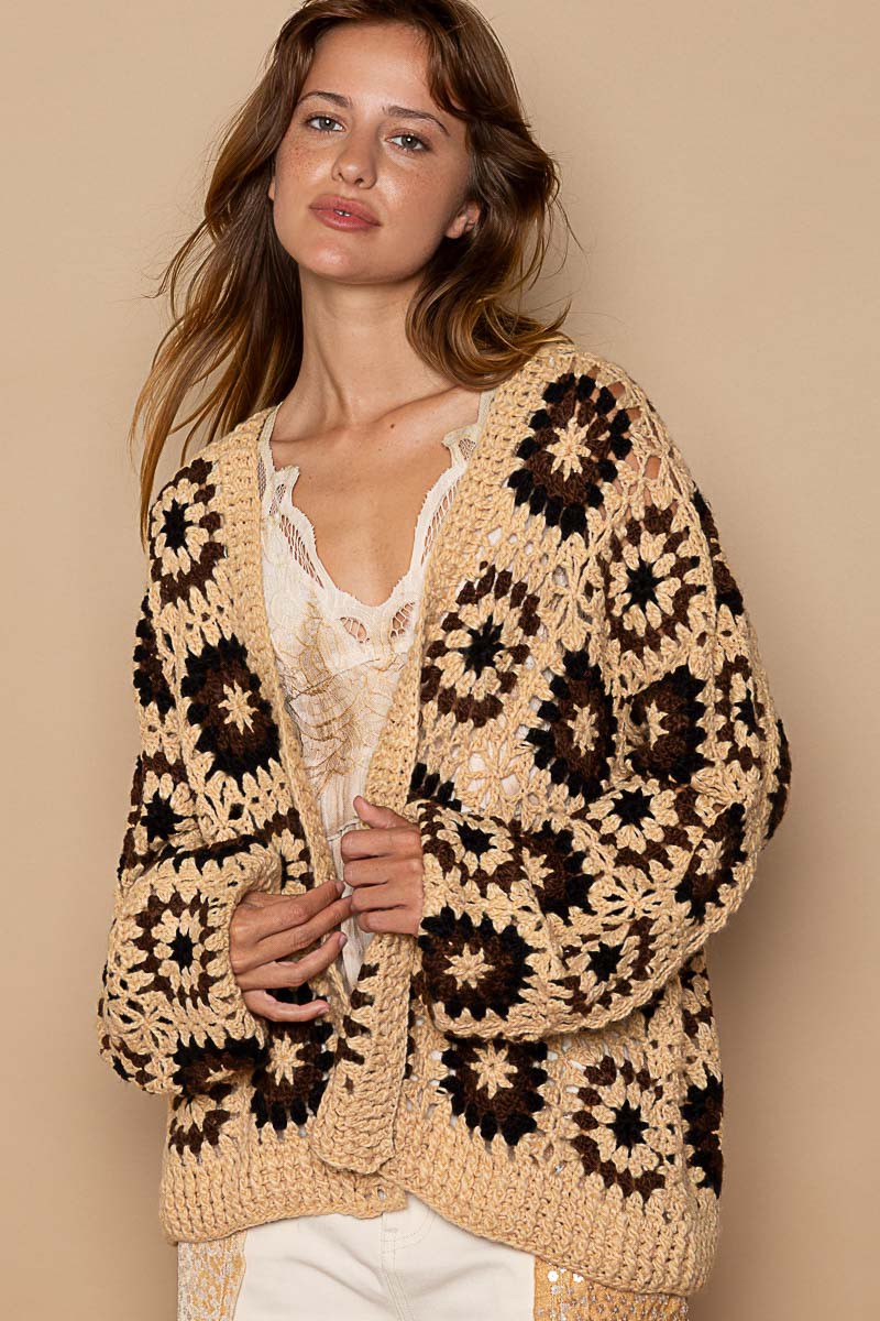 POL Hand Knit Granny Square Patch Cardigan Sweater Top
