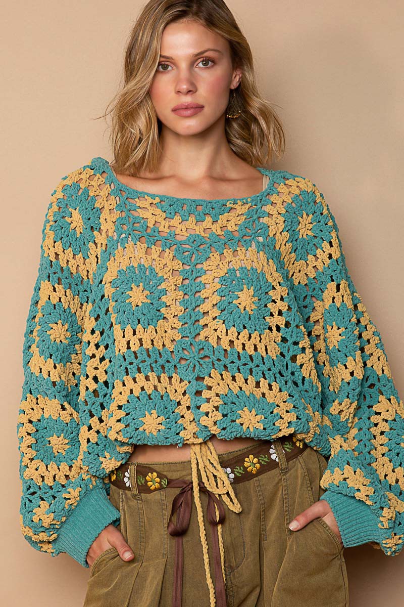 POL Hand Knit Granny Square Hooded Pullover Sweater Top