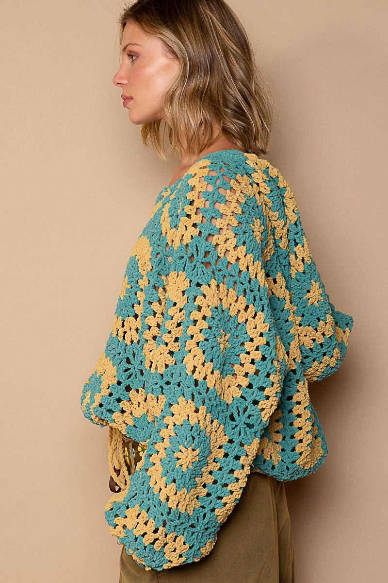 POL Hand Knit Granny Square Hooded Pullover Sweater Top