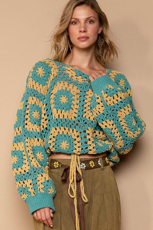 POL Hand Knit Granny Square Hooded Pullover Sweater Top