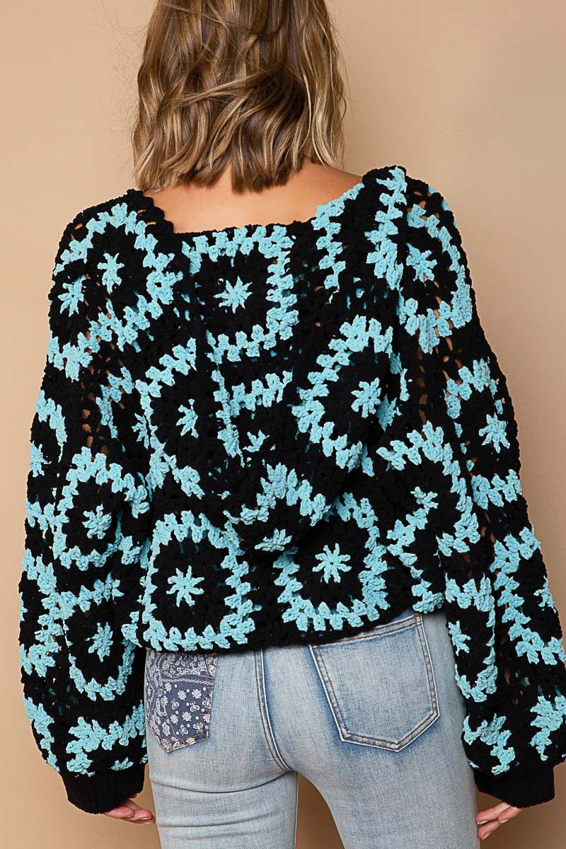 POL Hand Knit Granny Square Hooded Pullover Sweater Top