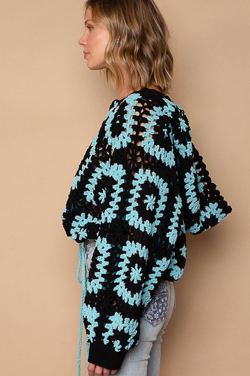 POL Hand Knit Granny Square Hooded Pullover Sweater Top