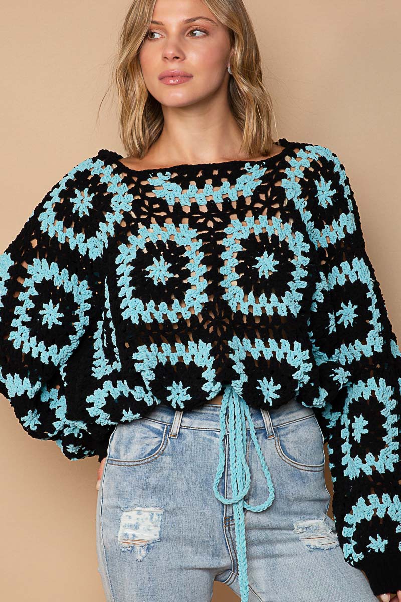 POL Hand Knit Granny Square Hooded Pullover Sweater Top