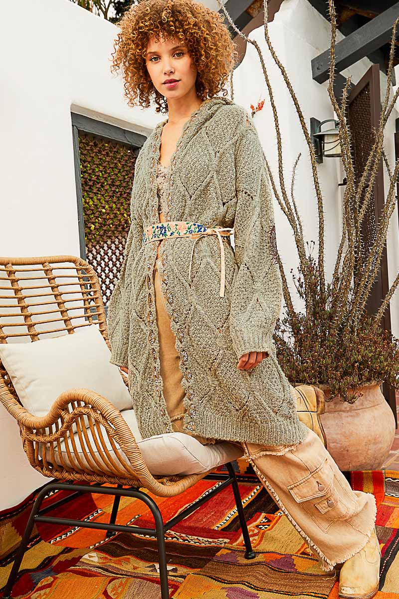 POL Embroidered Tape Open Front Hooded Cardigan Top