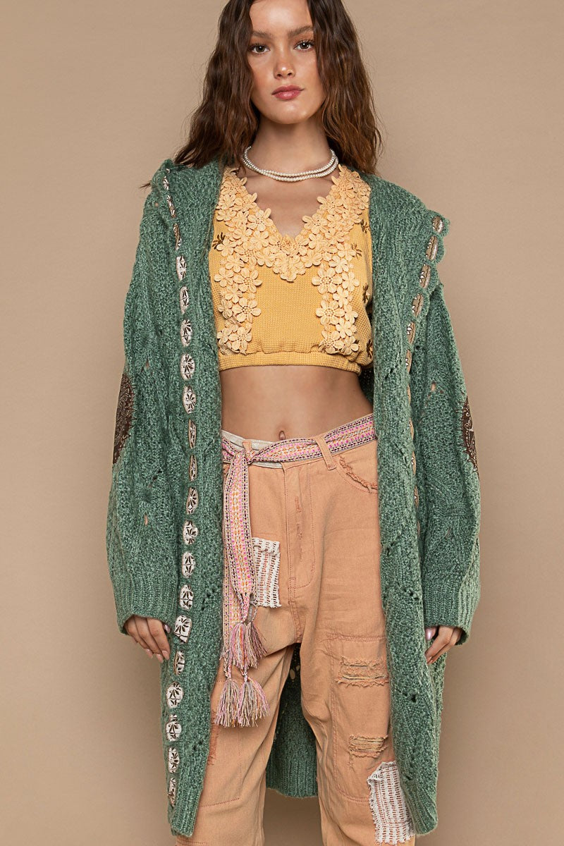 POL Embroidered Tape Open Front Hooded Cardigan Top