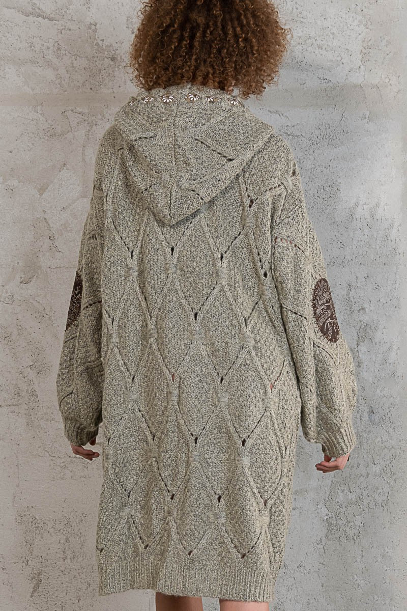 POL Embroidered Tape Open Front Hooded Cardigan Top