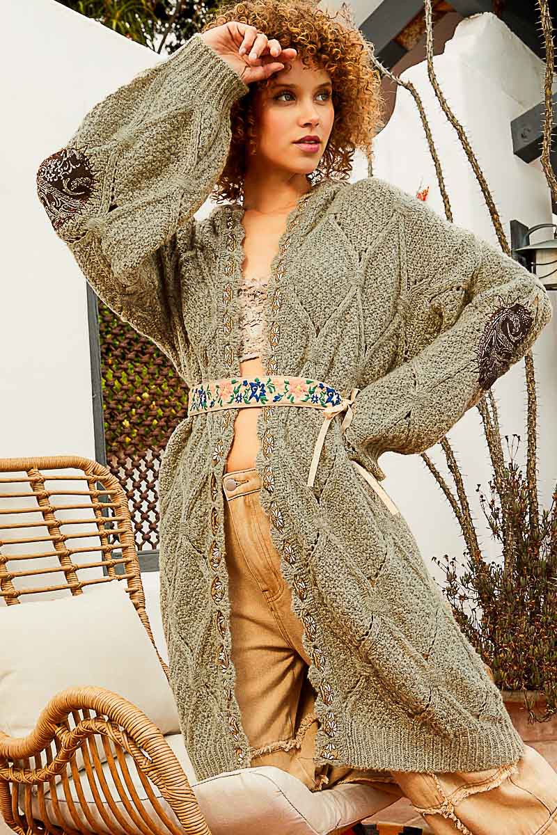 POL Embroidered Tape Open Front Hooded Cardigan Top