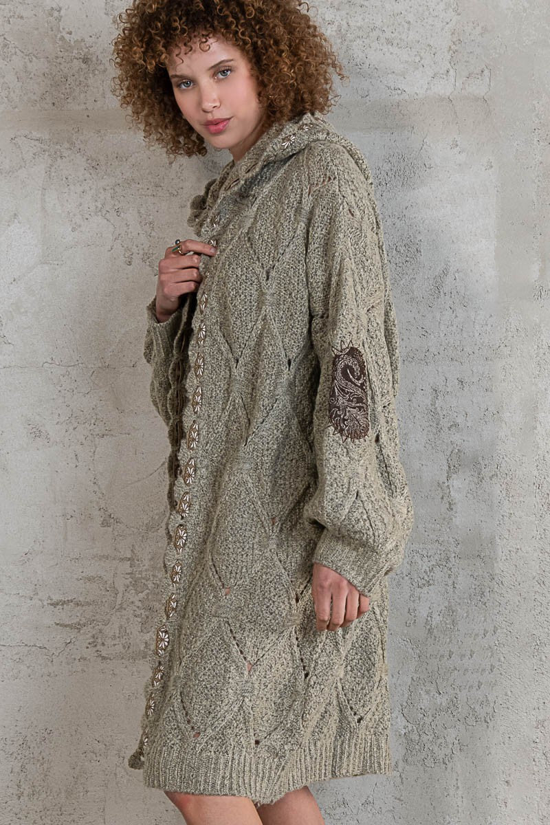 POL Embroidered Tape Open Front Hooded Cardigan Top