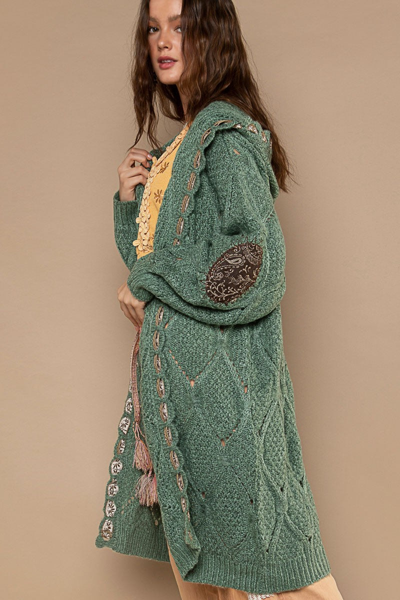 POL Embroidered Tape Open Front Hooded Cardigan Top