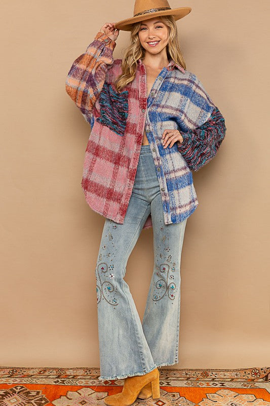 POL Button Down Sweater Sleeves Plaid Shacket - Roulhac Fashion Boutique