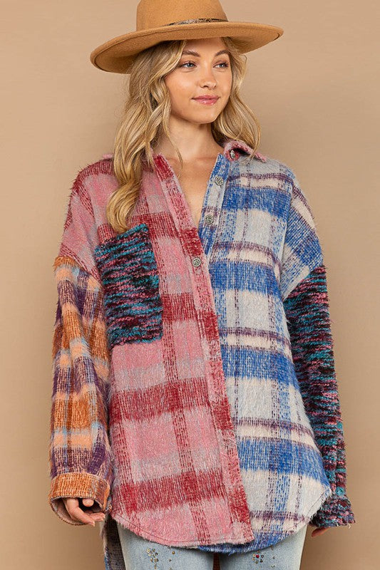 POL Button Down Sweater Sleeves Plaid Shacket - Roulhac Fashion Boutique