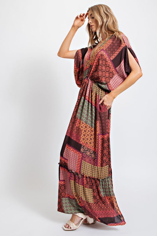 Easel Boho Patchwork Printed Gauze Maxi Dress - Roulhac Fashion Boutique