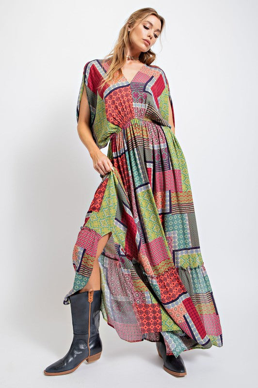 Easel Boho Patchwork Printed Gauze Maxi Dress