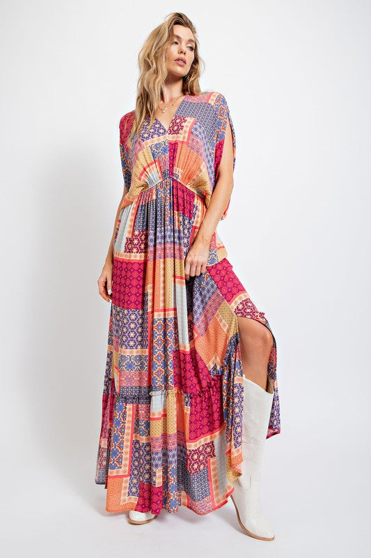 Easel Boho Patchwork Printed Gauze Maxi Dress - Roulhac Fashion Boutique