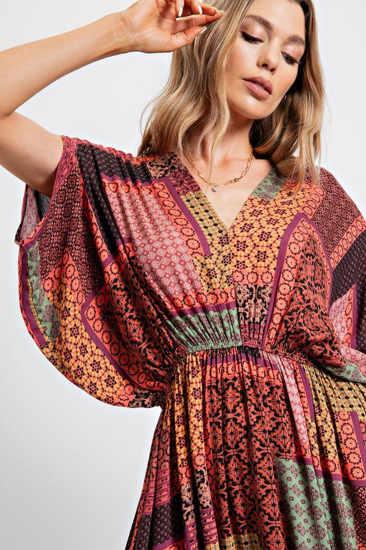 Easel Boho Patchwork Printed Gauze Maxi Dress - Roulhac Fashion Boutique