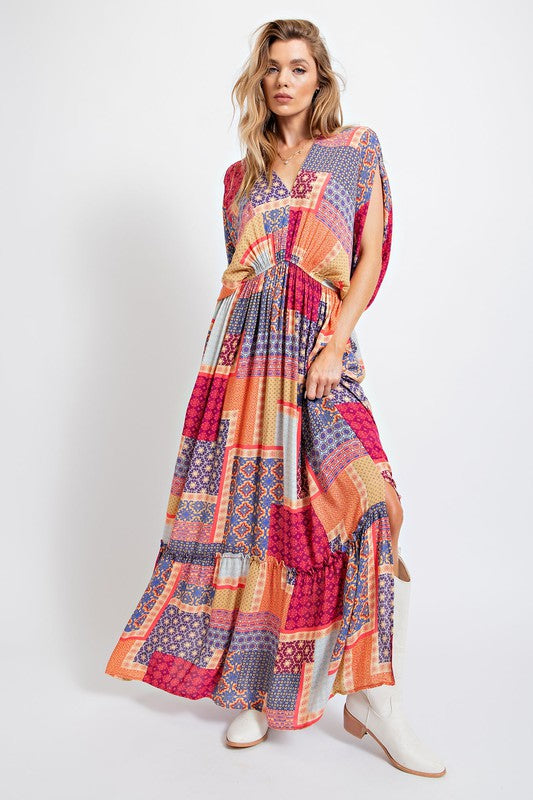 Easel Boho Patchwork Printed Gauze Maxi Dress - Roulhac Fashion Boutique