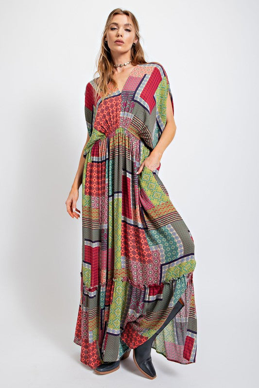 Easel Boho Patchwork Printed Gauze Maxi Dress
