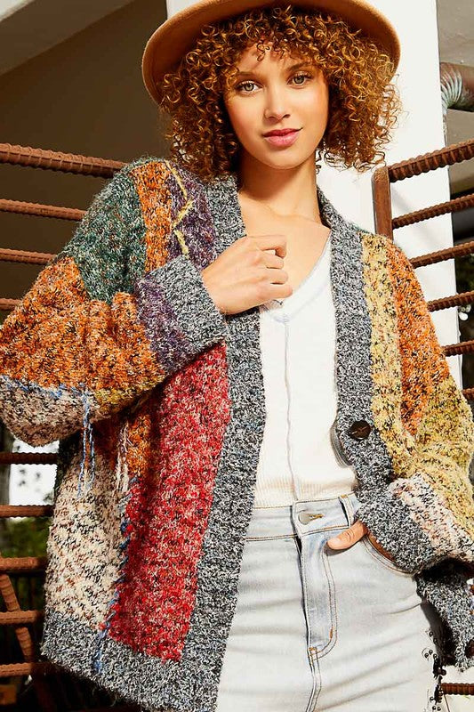 POL Multicolor Button Front Color Block Cardigan Sweater - Roulhac Fashion Boutique