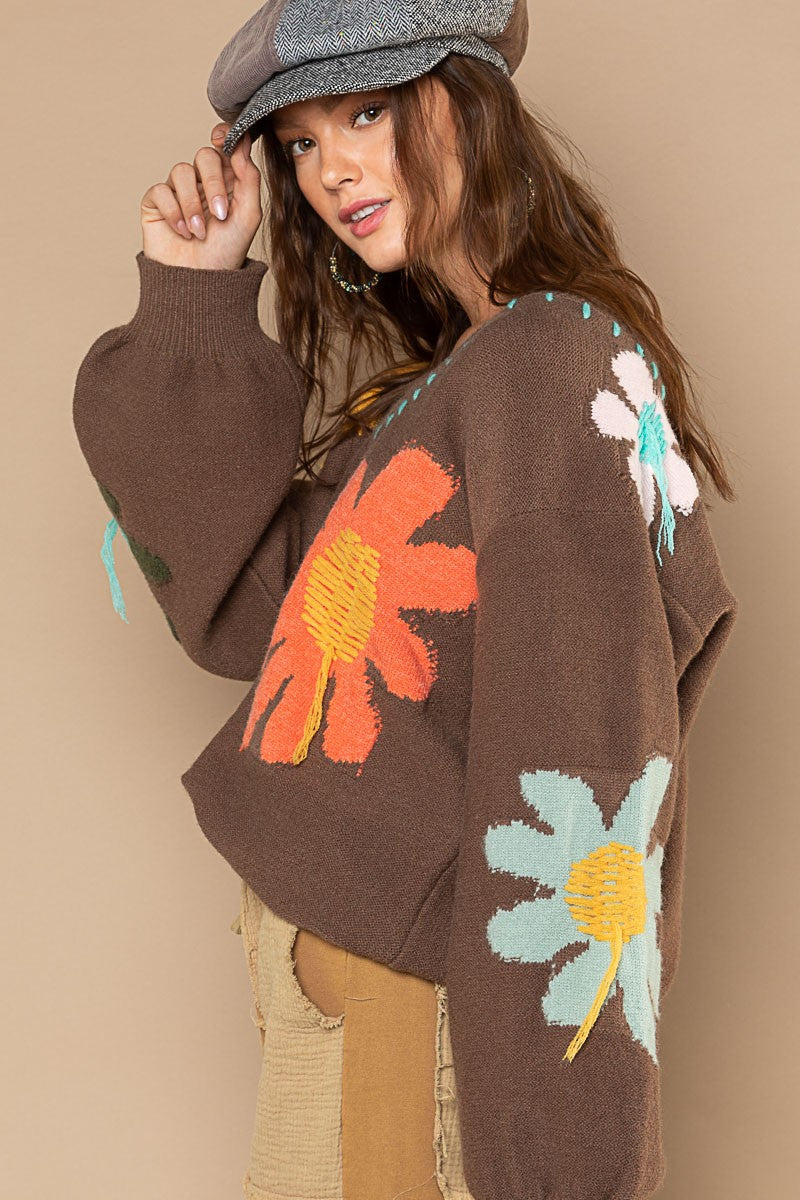 POL Floral Pattern Print V Neck Pullover Sweater Top