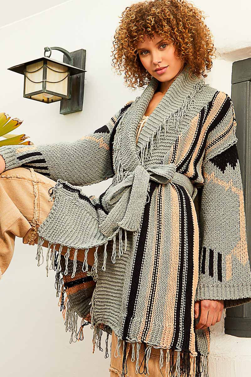 POL Open Front Belt Tie Multi Color Cardigan Sweater Top