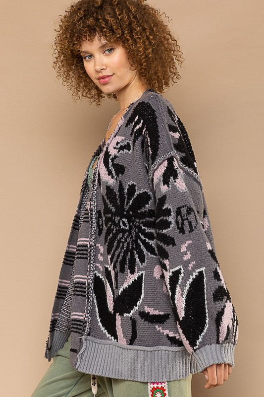 POL Berber Open Front Floral Print Cardigan Sweater