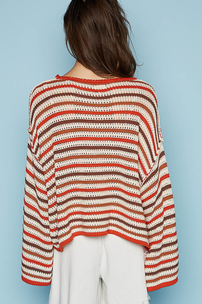 POL Round Neck Long Sleeve Stripe Pullover Sweater Top