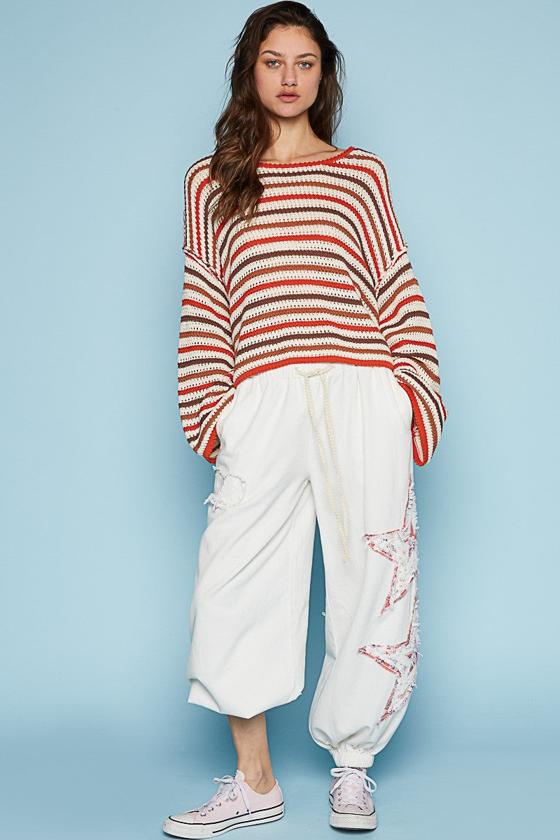 POL Round Neck Long Sleeve Stripe Pullover Sweater Top