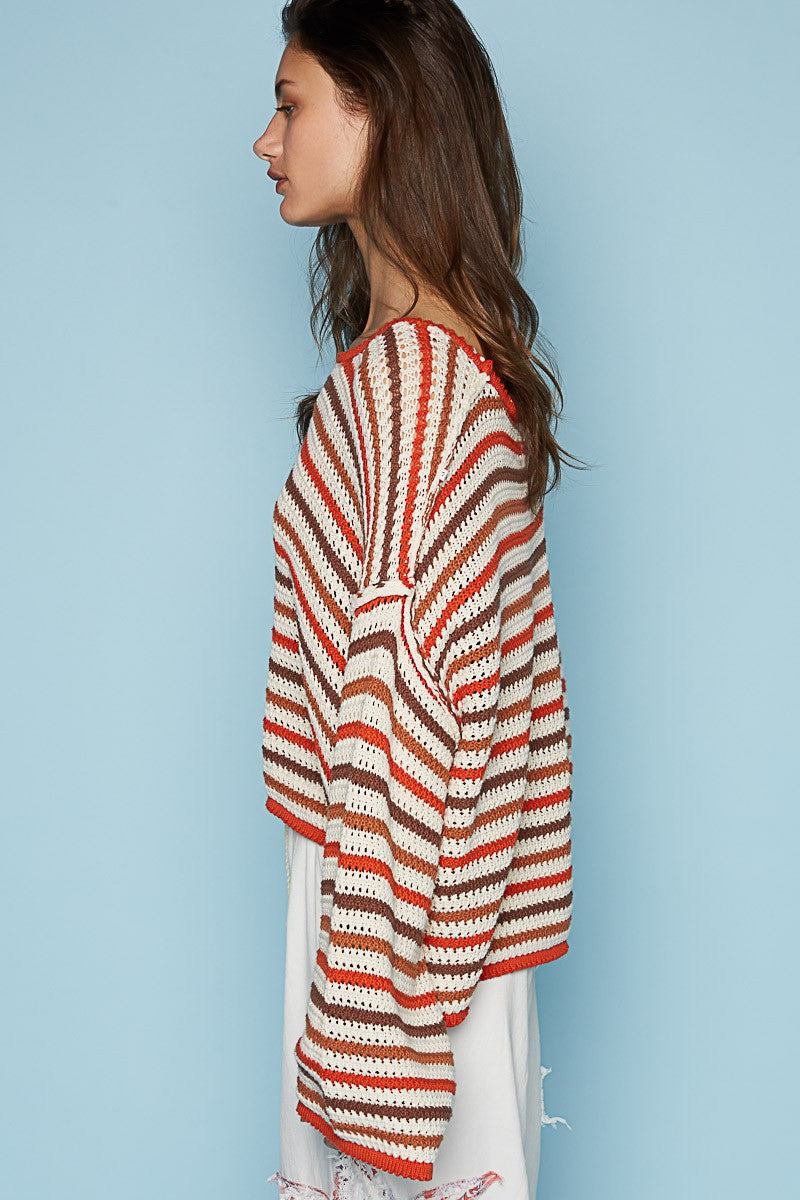 POL Round Neck Long Sleeve Stripe Pullover Sweater Top