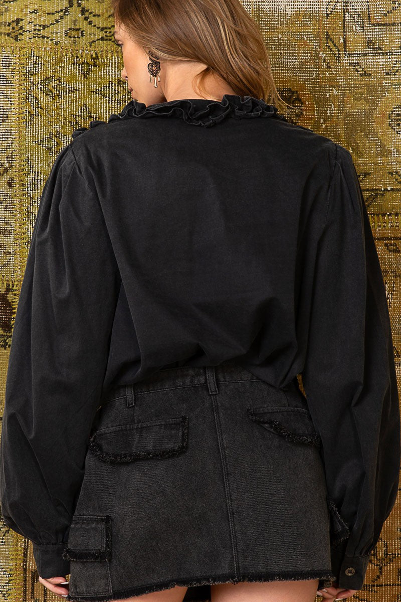 POL Sewn Ruffle Detail V Neck Button Down Poplin Shirt Top