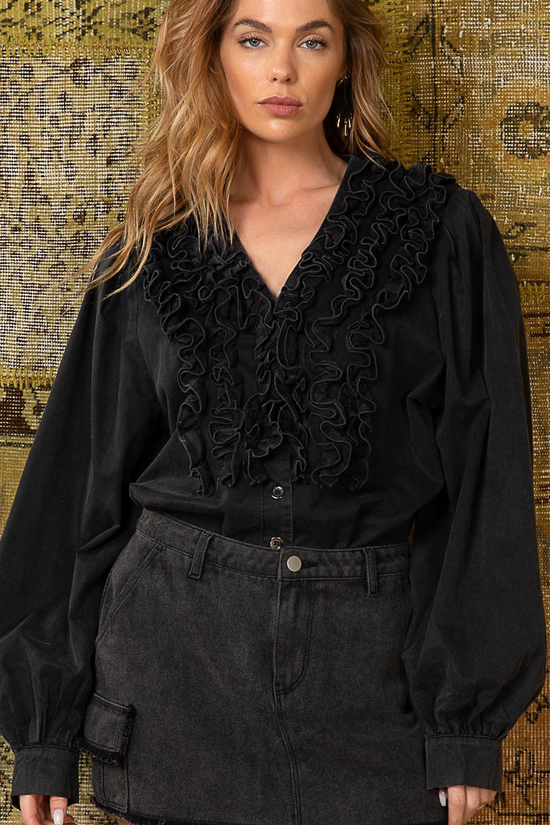 POL Sewn Ruffle Detail V Neck Button Down Poplin Shirt Top