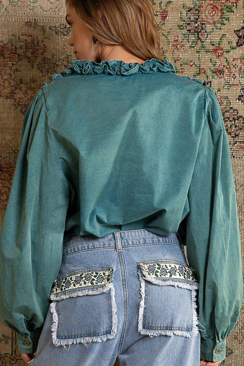 POL Sewn Ruffle Detail V Neck Button Down Poplin Shirt Top