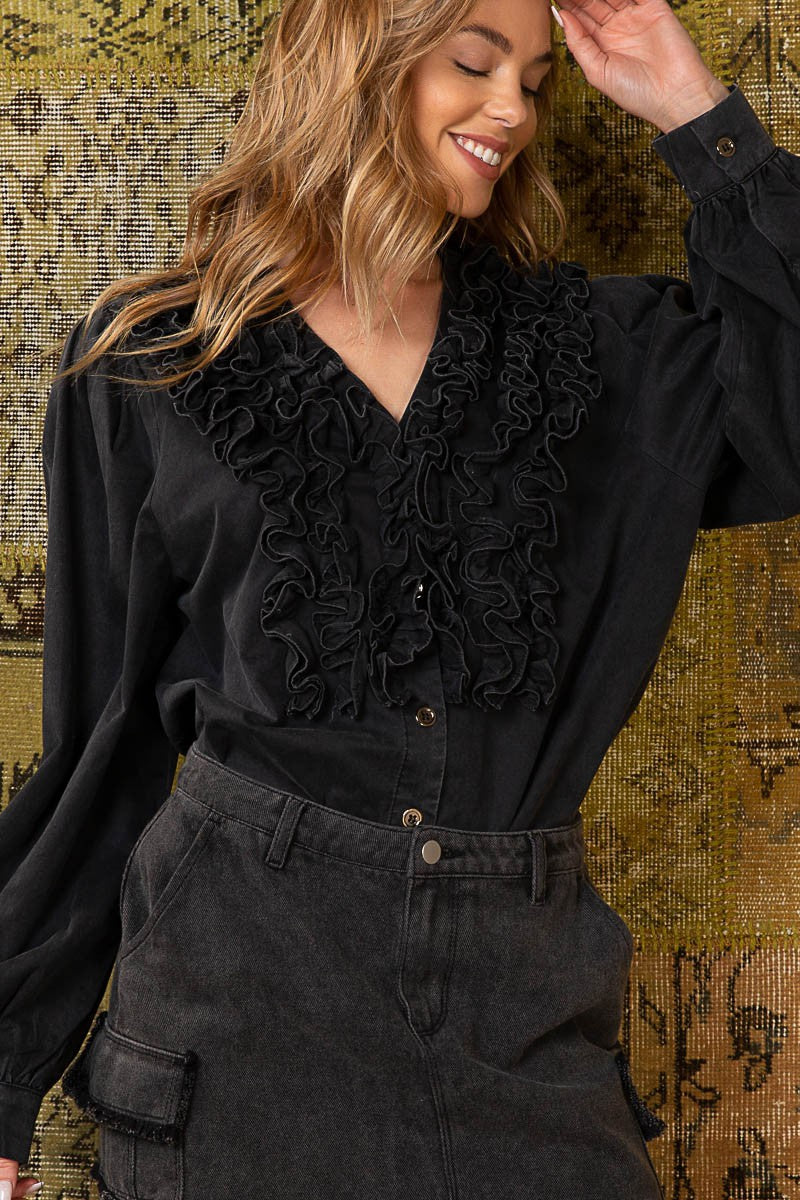 POL Sewn Ruffle Detail V Neck Button Down Poplin Shirt Top