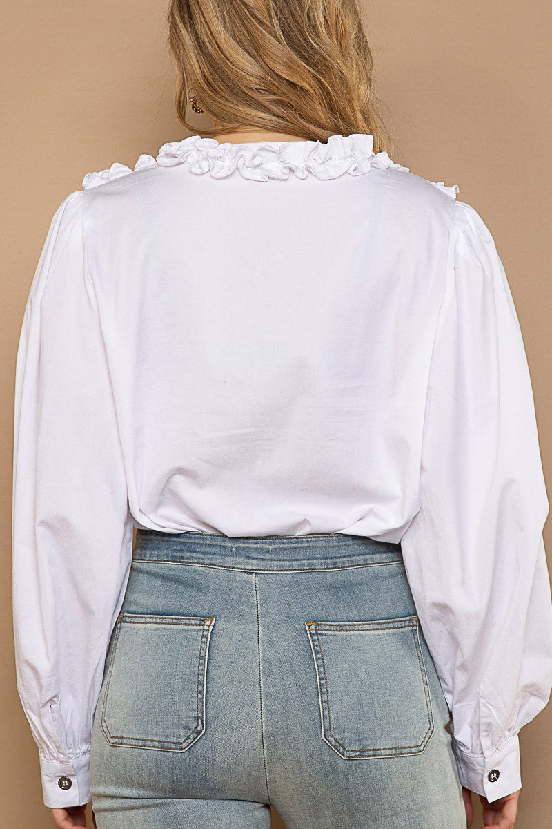 POL Sewn Ruffle Detail V Neck Button Down Poplin Shirt Top