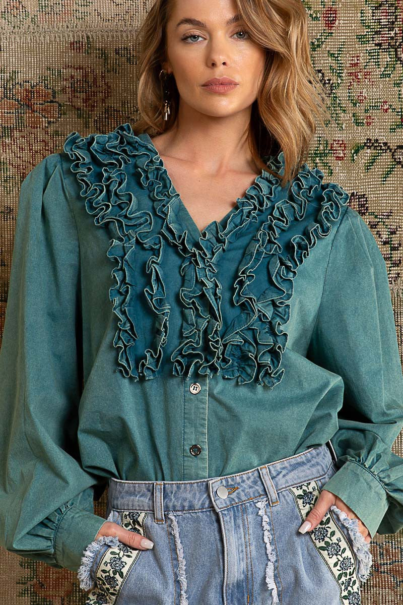 POL Sewn Ruffle Detail V Neck Button Down Poplin Shirt Top