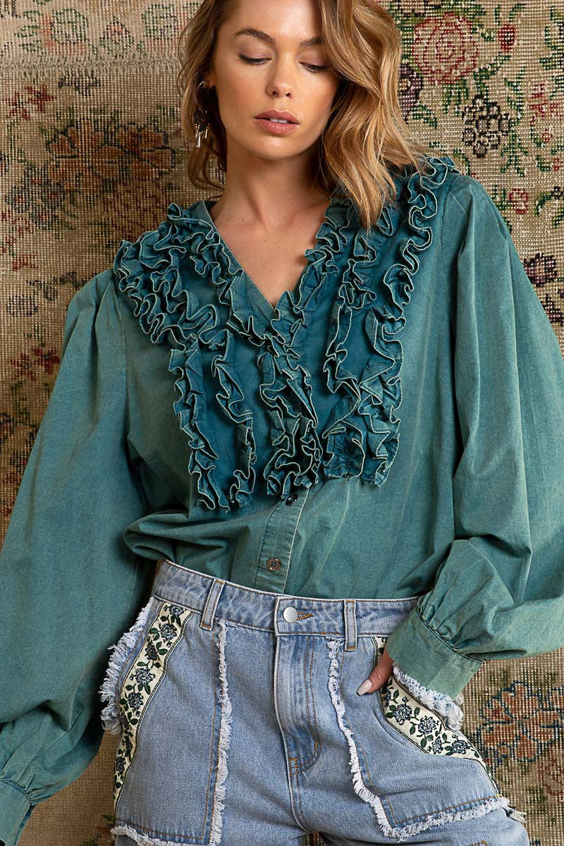 POL Sewn Ruffle Detail V Neck Button Down Poplin Shirt Top