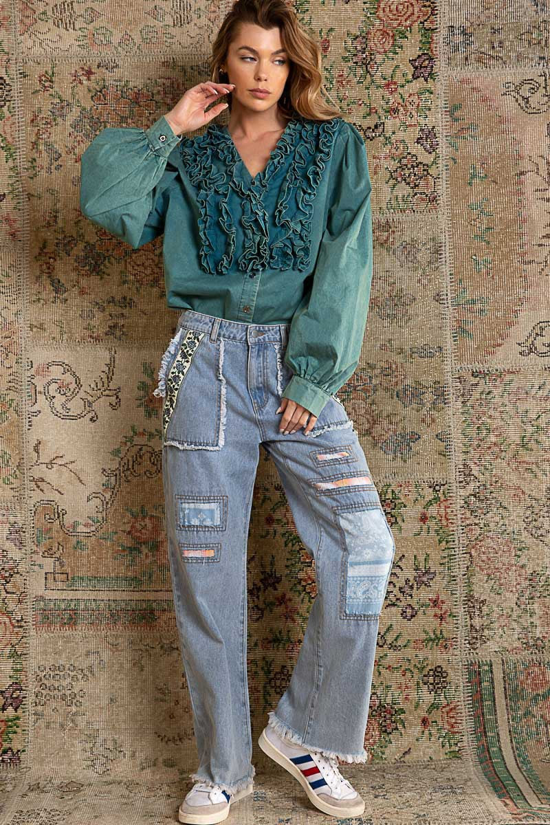 POL Sewn Ruffle Detail V Neck Button Down Poplin Shirt Top