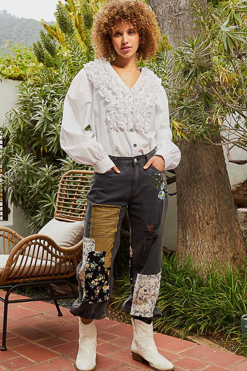 POL Sewn Ruffle Detail V Neck Button Down Poplin Shirt Top