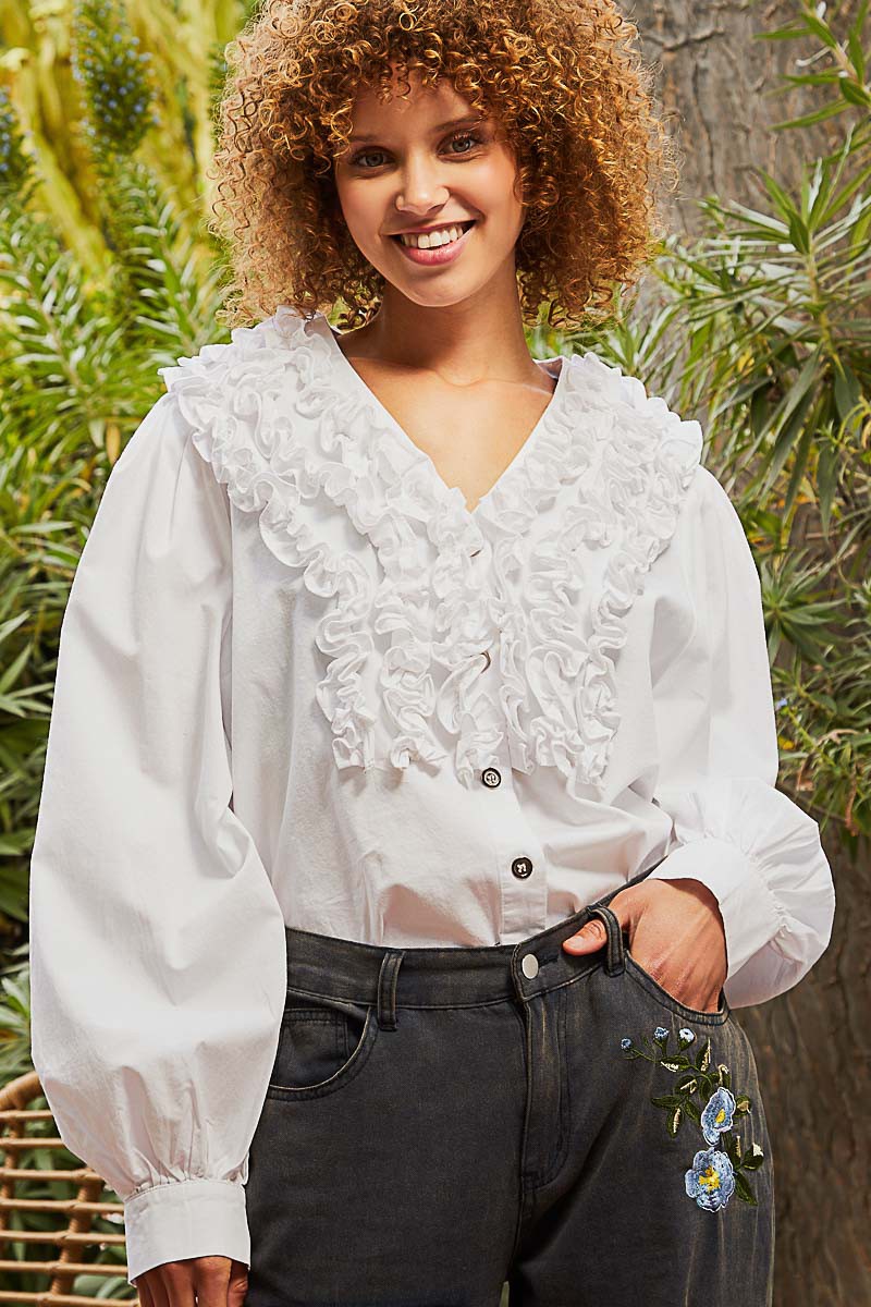 POL Sewn Ruffle Detail V Neck Button Down Poplin Shirt Top