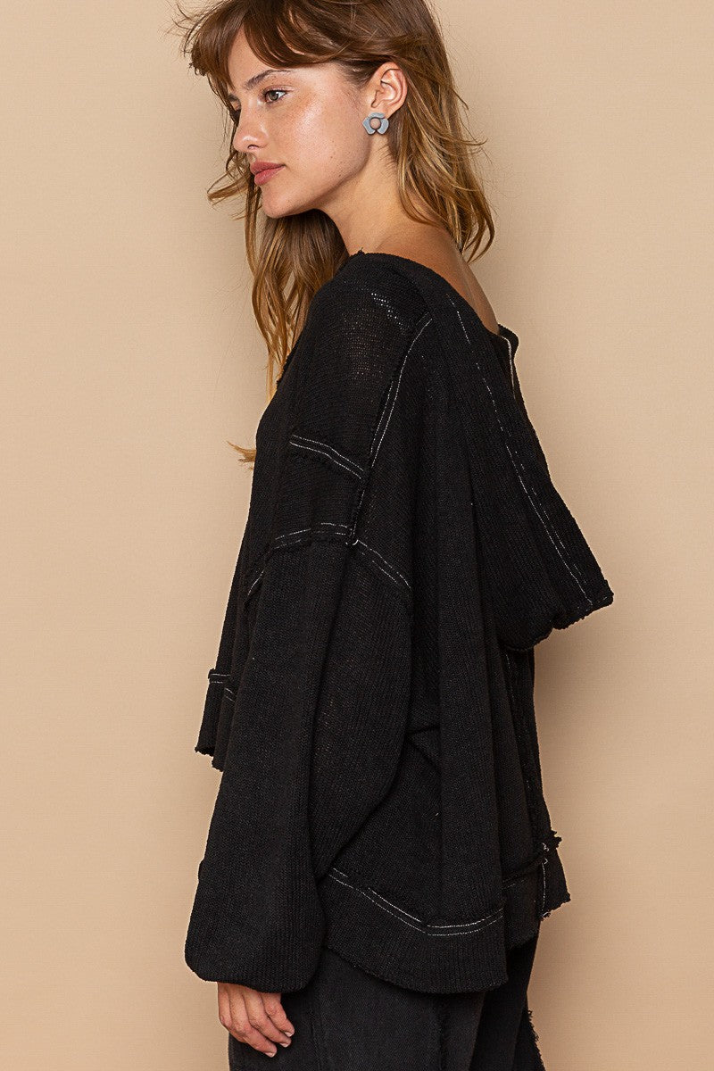 POL Round Neck Balloon Sleeve Hooded Knit Top