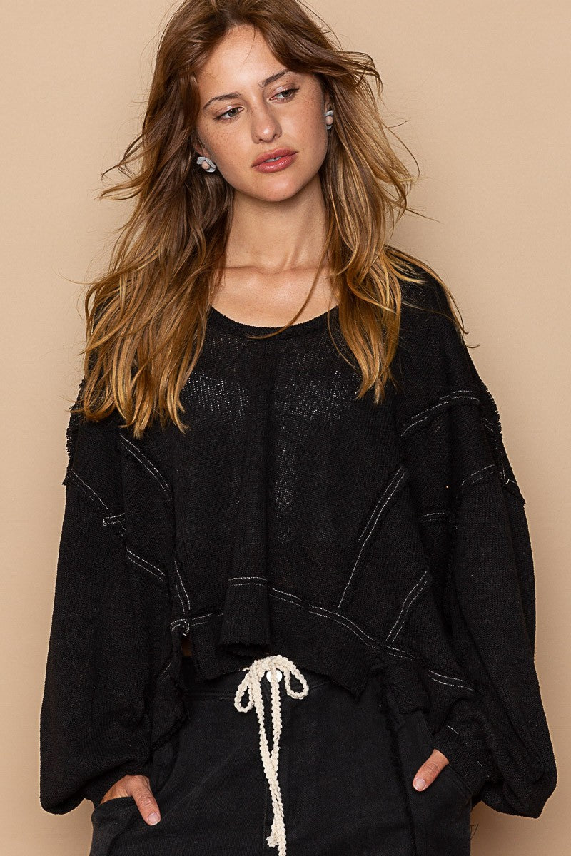POL Round Neck Balloon Sleeve Hooded Knit Top