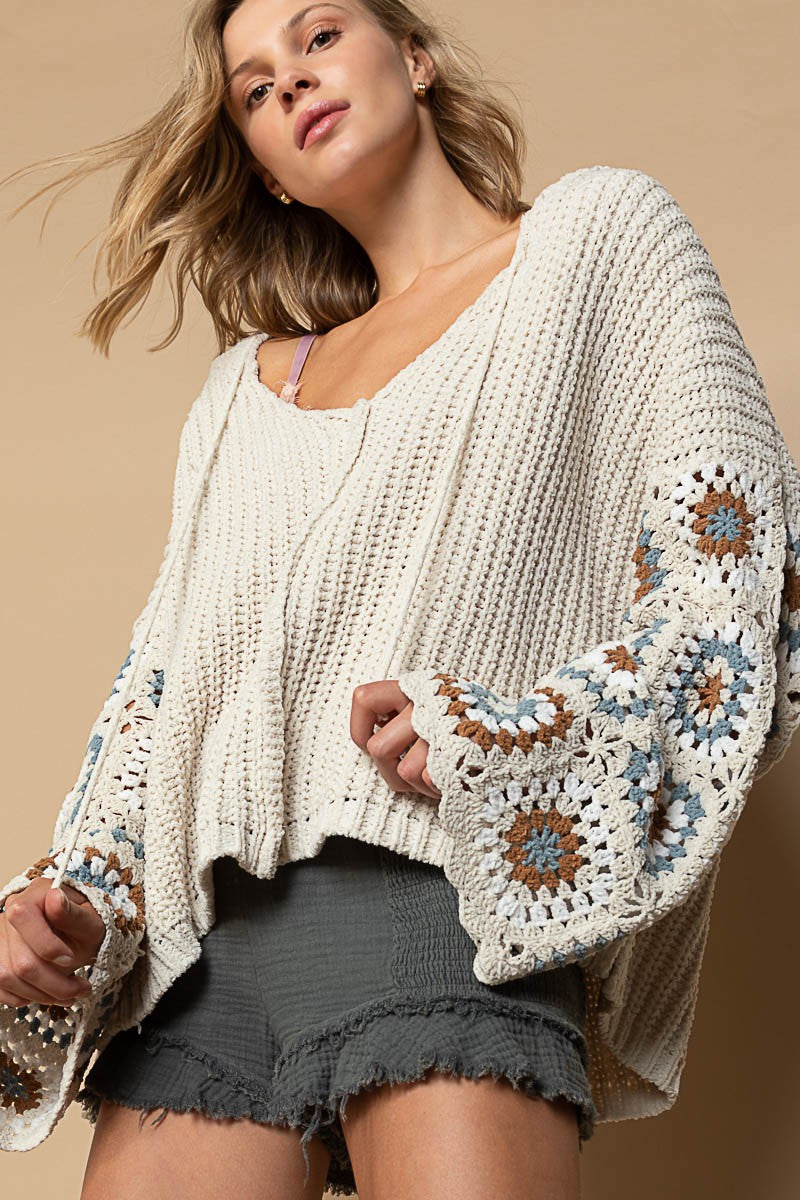 POL Square Pattern Sleeves Hooded V-Neck Sweater Top