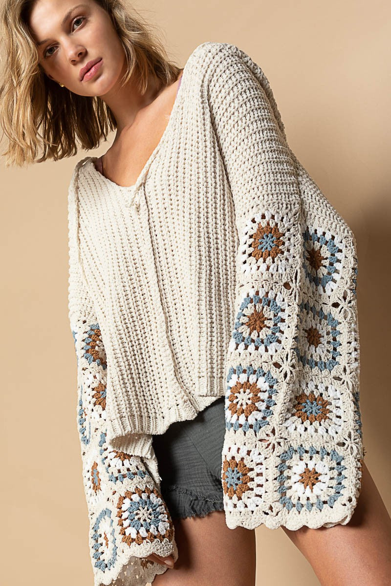 POL Square Pattern Sleeves Hooded V-Neck Sweater Top