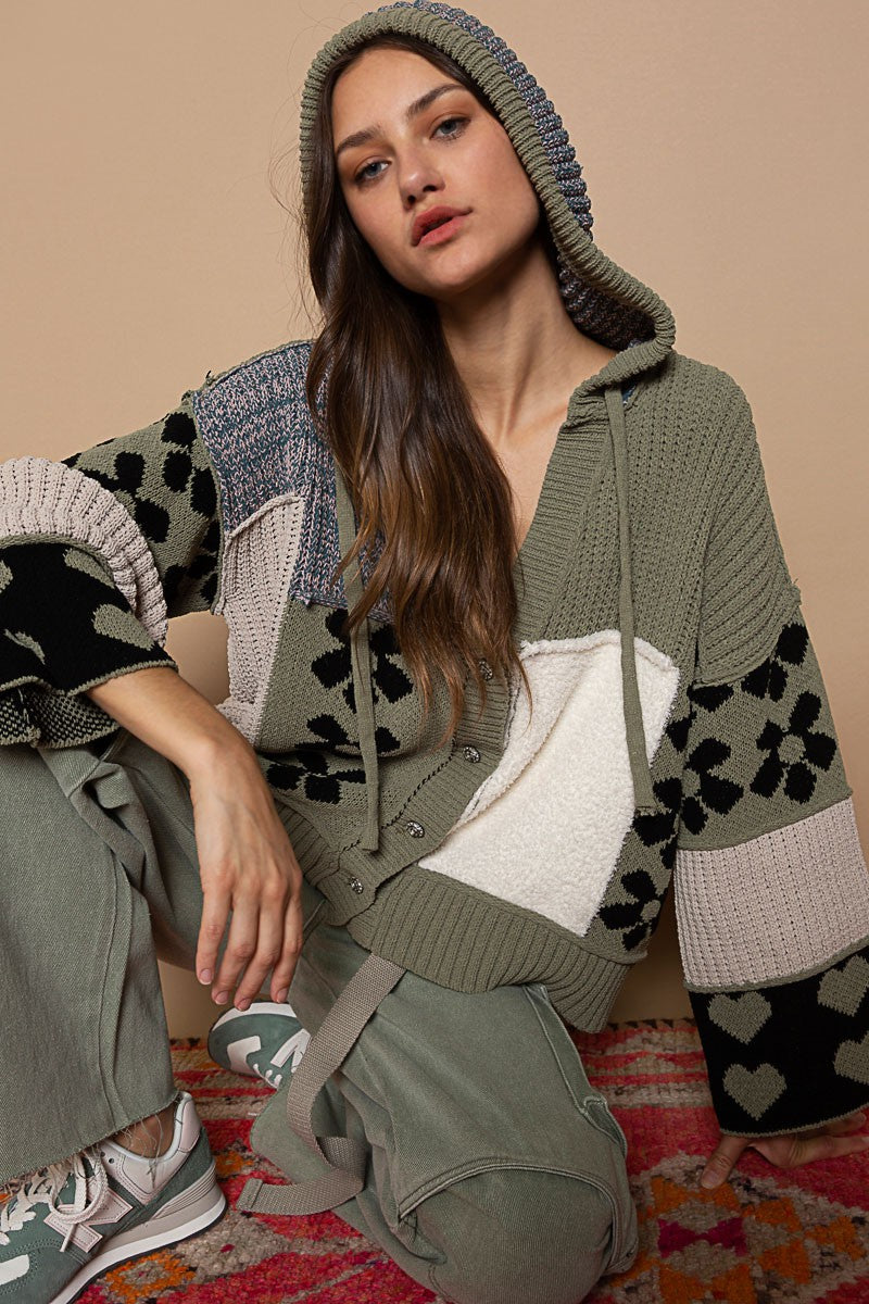 POL Color Block Floral Print Hooded Cardigan Sweater Top