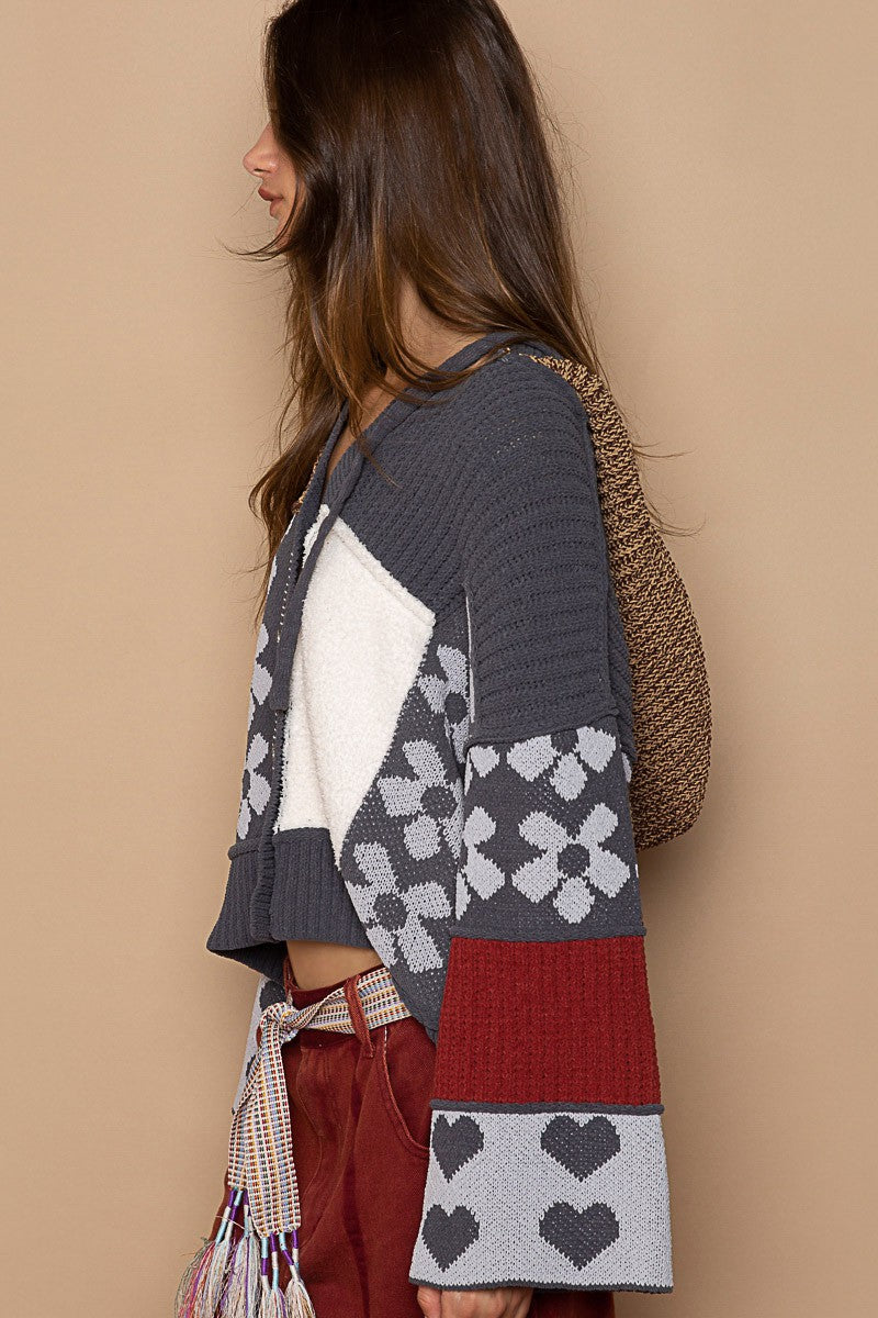 POL Color Block Floral Print Hooded Cardigan Sweater Top