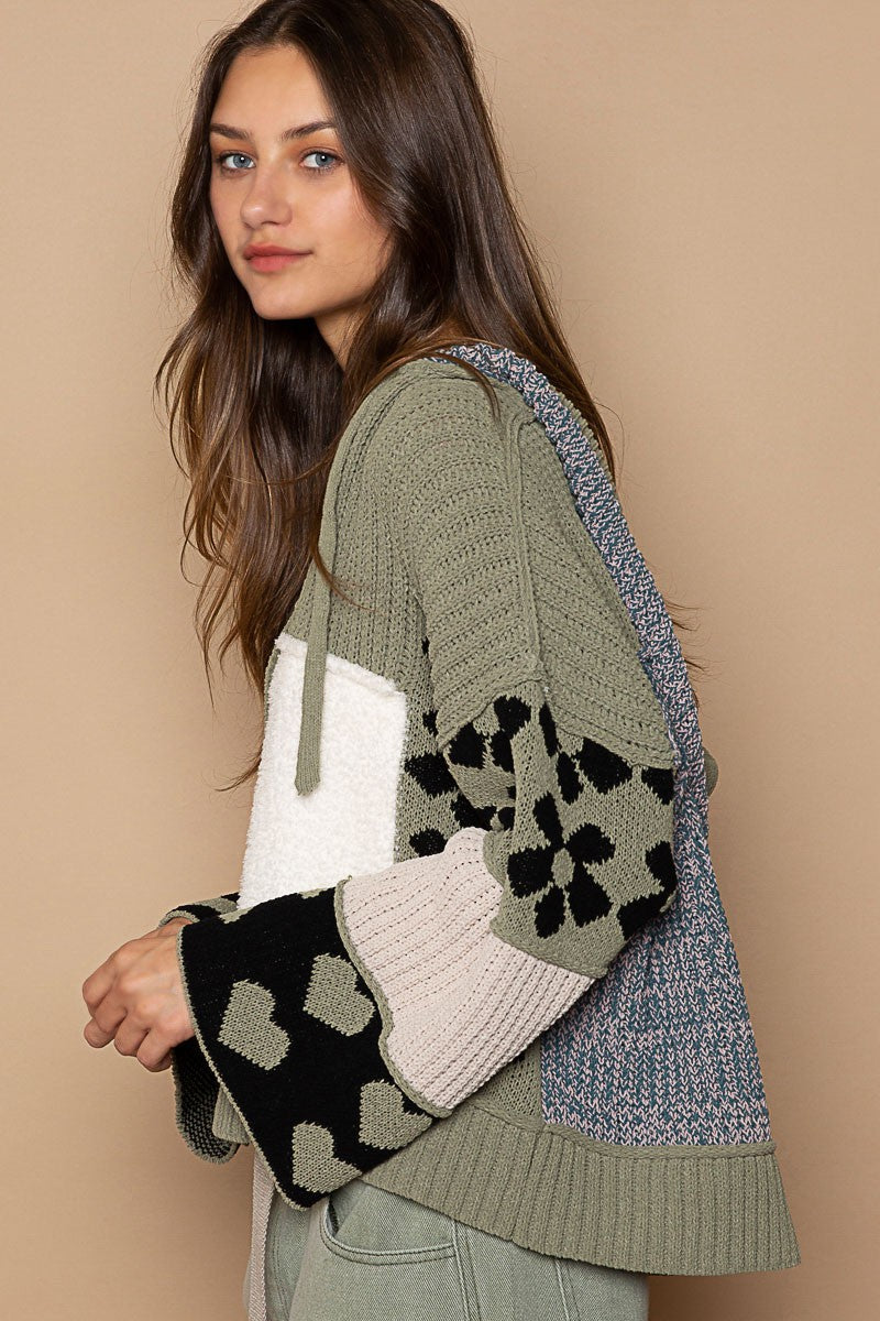 POL Color Block Floral Print Hooded Cardigan Sweater Top