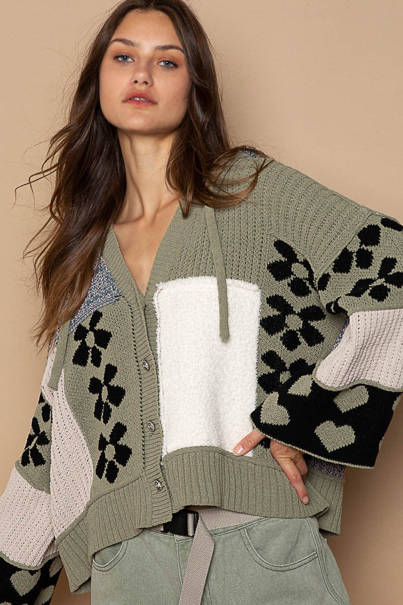 POL Color Block Floral Print Hooded Cardigan Sweater Top