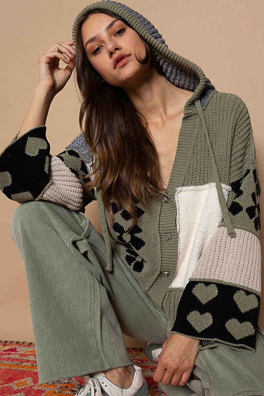 POL Color Block Floral Print Hooded Cardigan Sweater Top