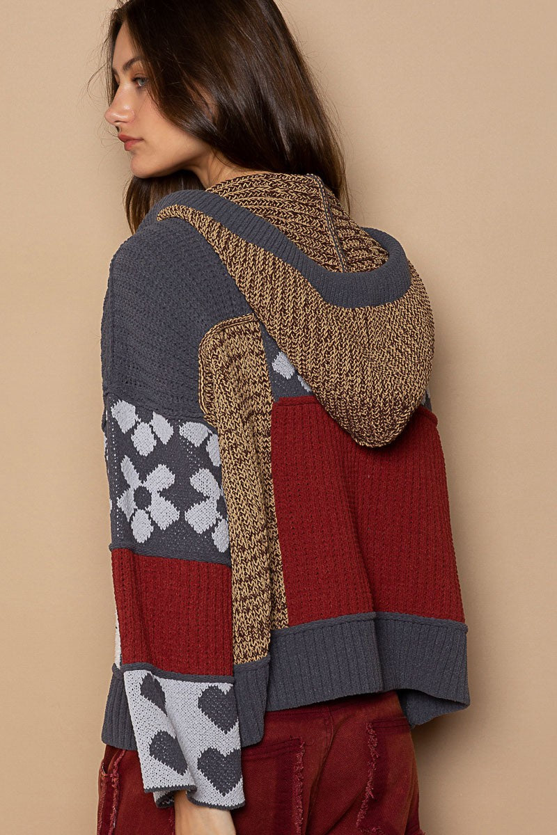 POL Color Block Floral Print Hooded Cardigan Sweater Top