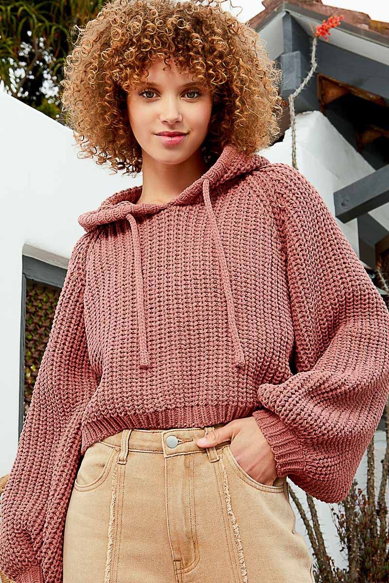 POL Tacked Long Sleeve Hooded Back Open Slit Sweater Top